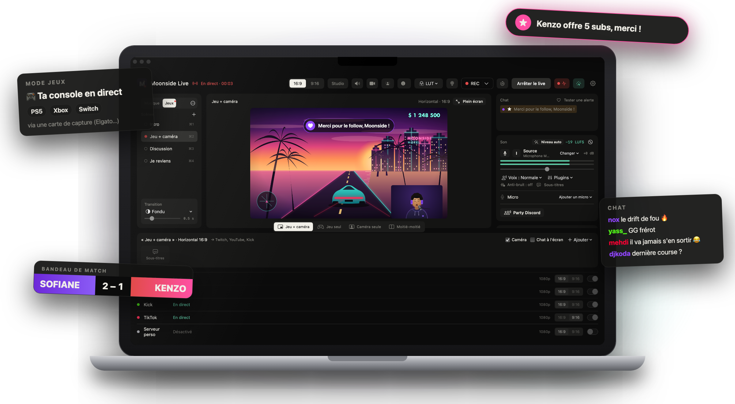 Moonside Live en mode Jeux : la partie en grand, la caméra du joueur dans le coin, bandeau de match, alerte de subs offerts et chat