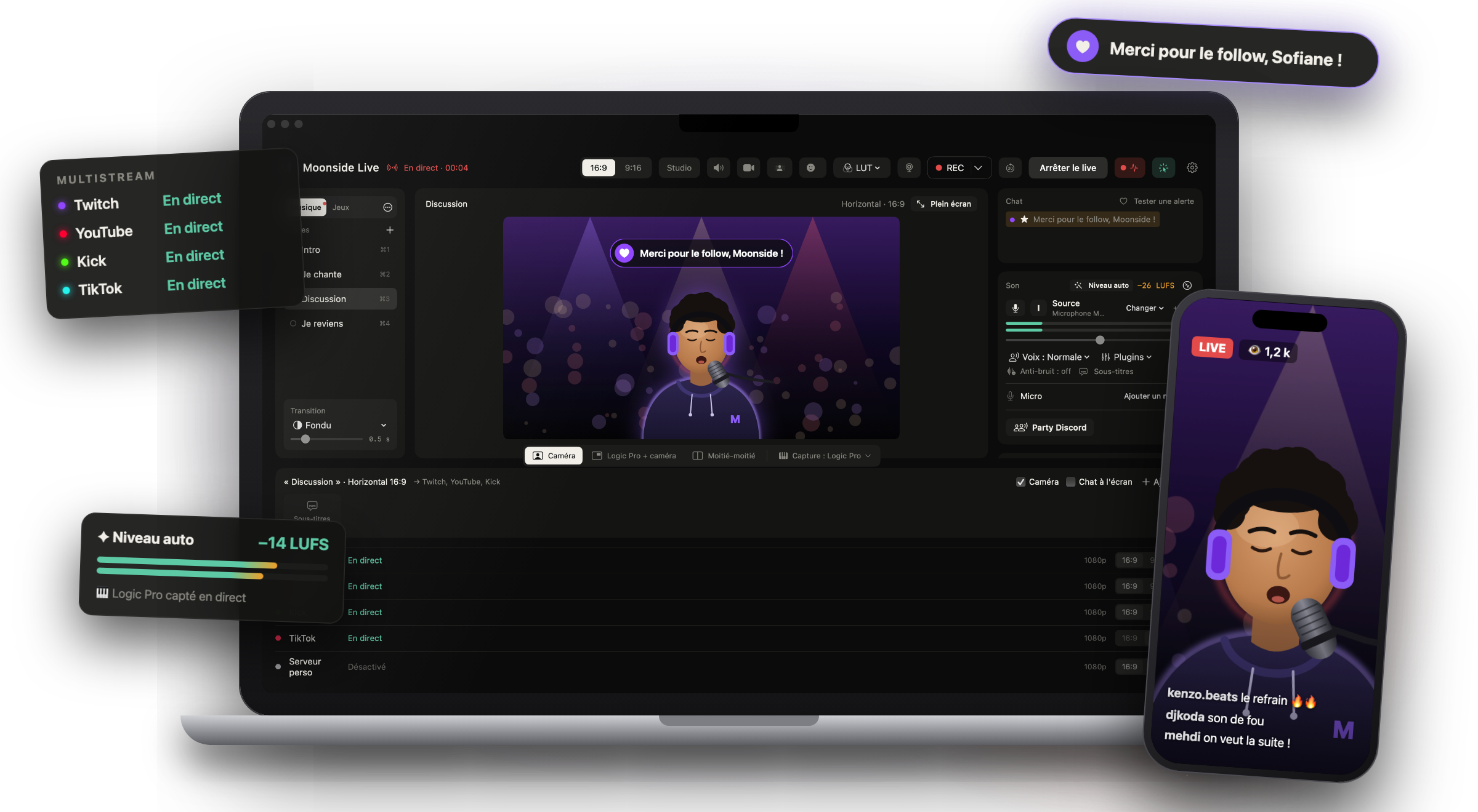 Moonside Live en direct sur un MacBook et en vertical sur un iPhone : Twitch, YouTube, Kick et TikTok en direct, alerte de follow, niveau auto